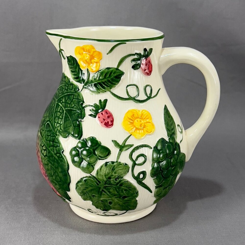 Vtg Ceramic Art Pottery 3778 Pitcher Majolica Strawberries Grapes West Germany